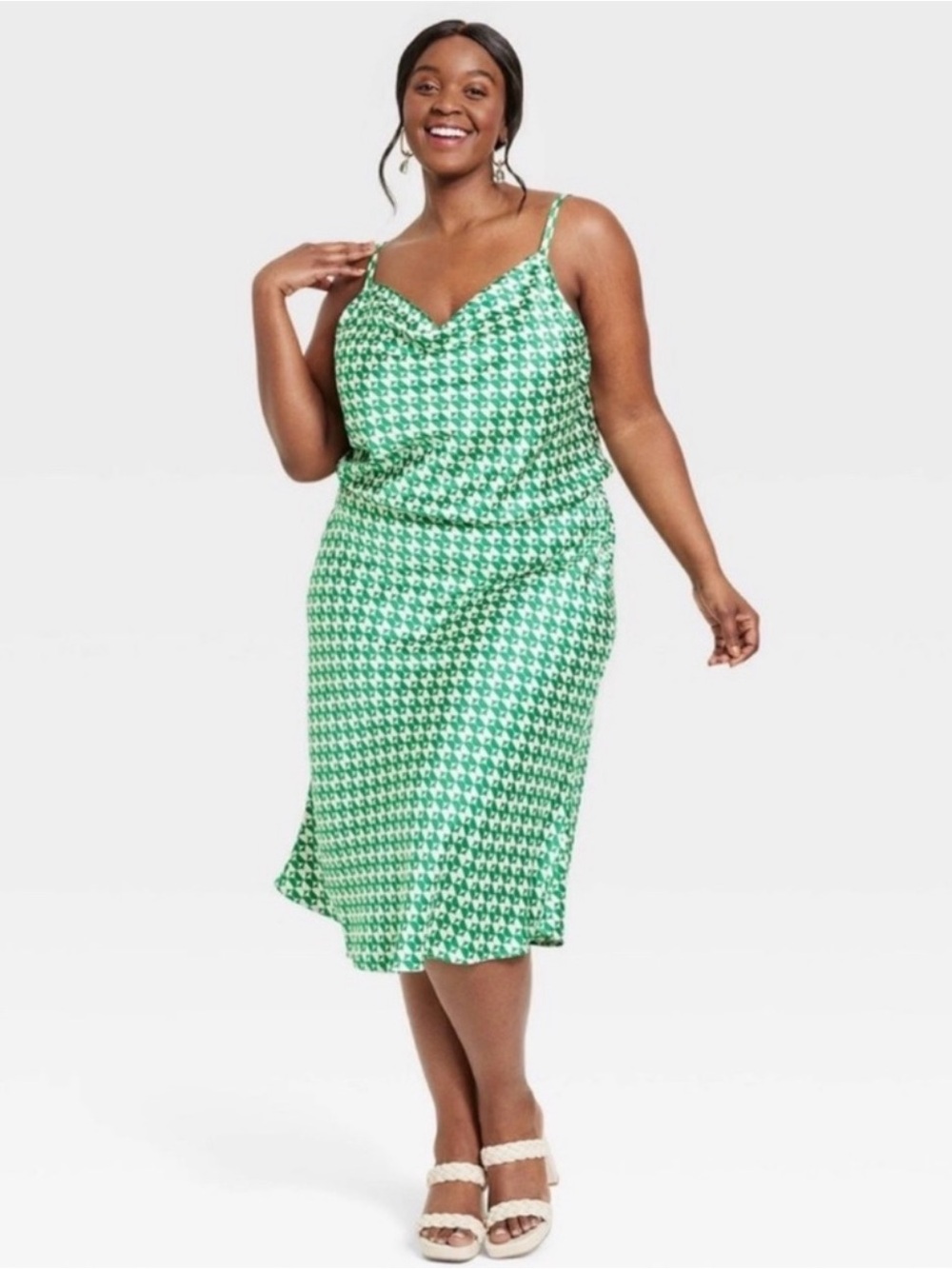 Ava & Viv Green & White Geometric Satin Sleeveless Slip Dress